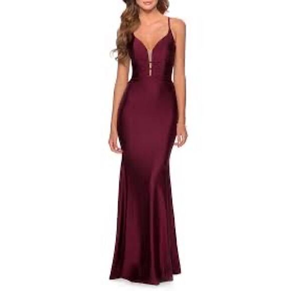 LA FEMME 28574 DRESS  SATIN GOWN-PLEAT WAIST (burgundy)dark berry size 0 - Picture 2 of 10